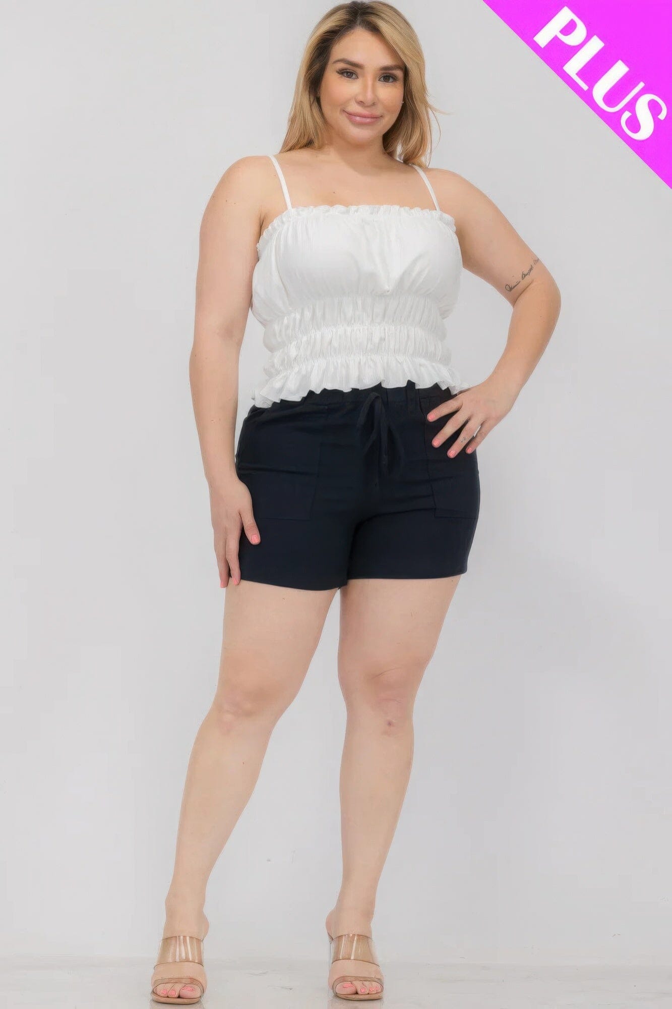 Plus Size Tiered Shirred Body Crop Top Shirts & Tops jehouze