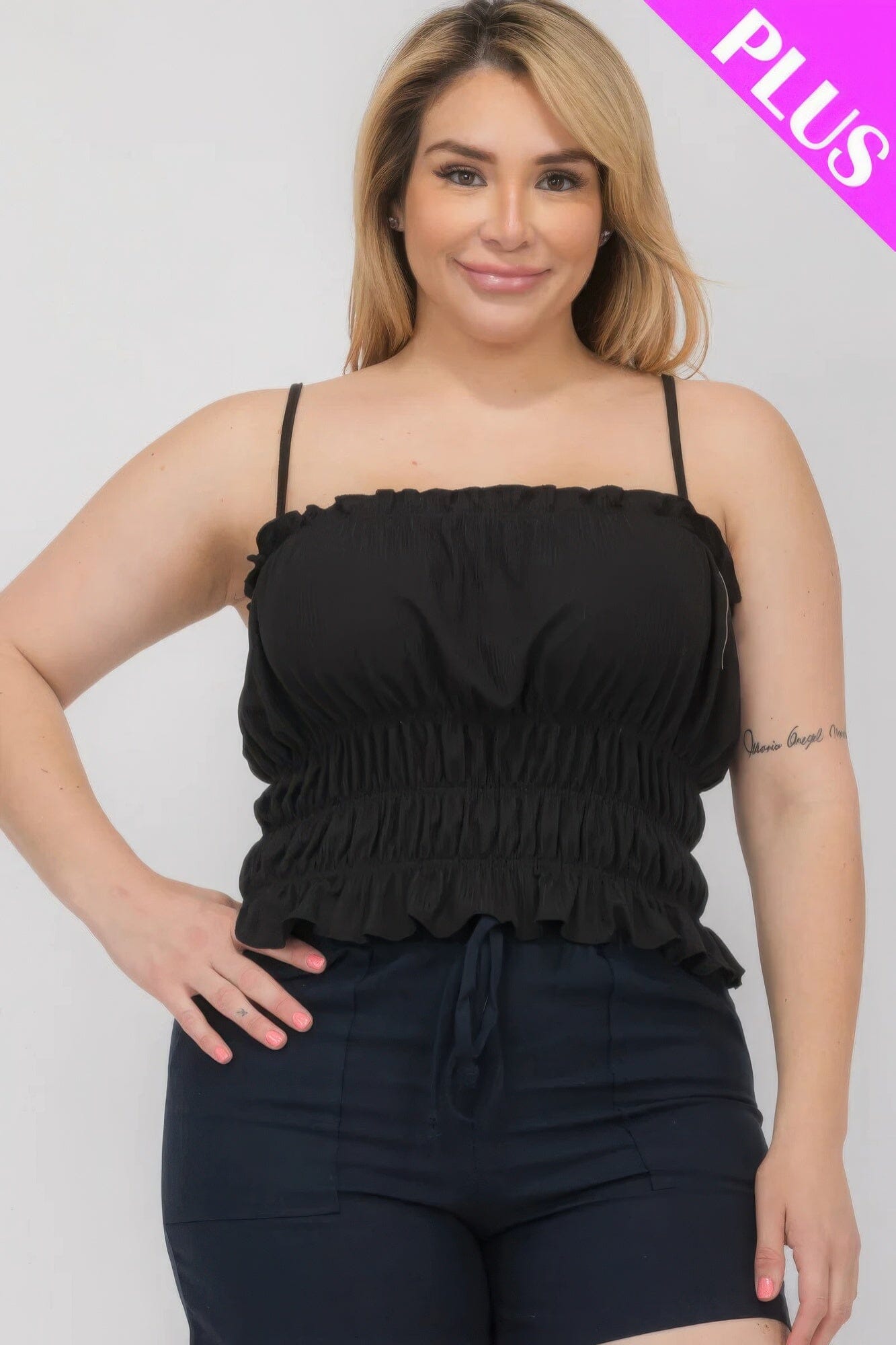 Plus Size Tiered Shirred Body Crop Top Shirts & Tops jehouze Black 1XL