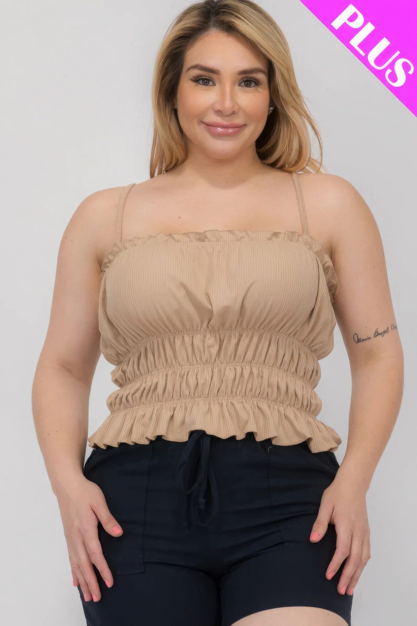 Plus Size Tiered Shirred Body Crop Top Shirts & Tops jehouze Latte 1XL