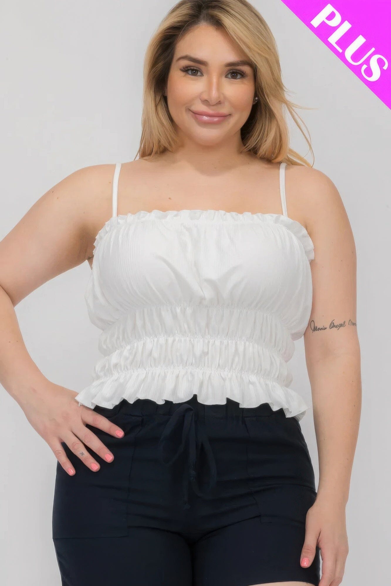 Plus Size Tiered Shirred Body Crop Top Shirts & Tops jehouze White 1XL