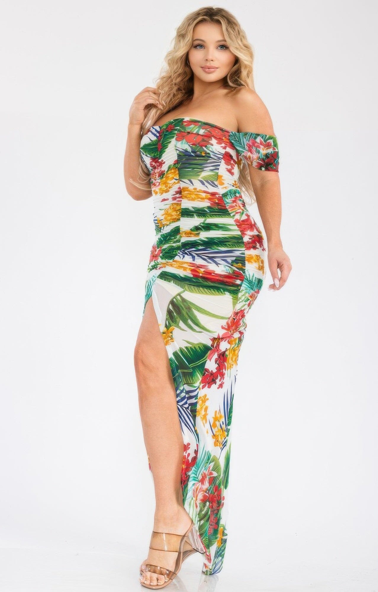 Plus Size Tropical Off Shoulder Draped Sleeve Maxi Dress Dresses jehouze