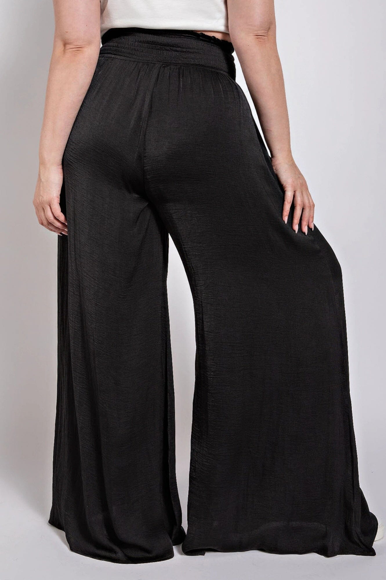 Plus Size Washed Satin Wide Pants With Waist Smocked pant jehouze