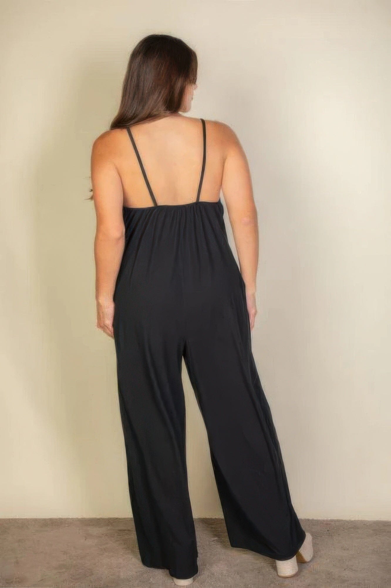 Plus spaghetti strap solid wide jumpsuit jehouze