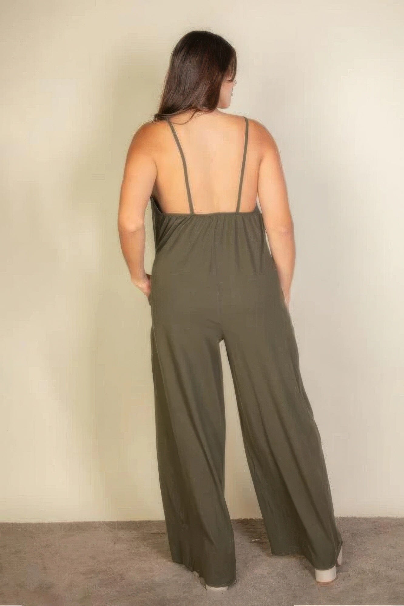 Plus spaghetti strap solid wide jumpsuit jehouze