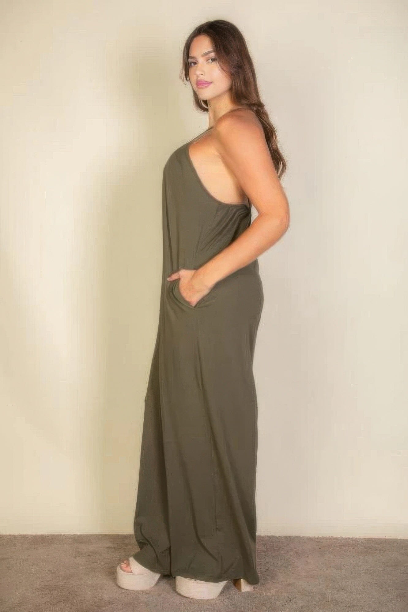 Plus spaghetti strap solid wide jumpsuit jehouze