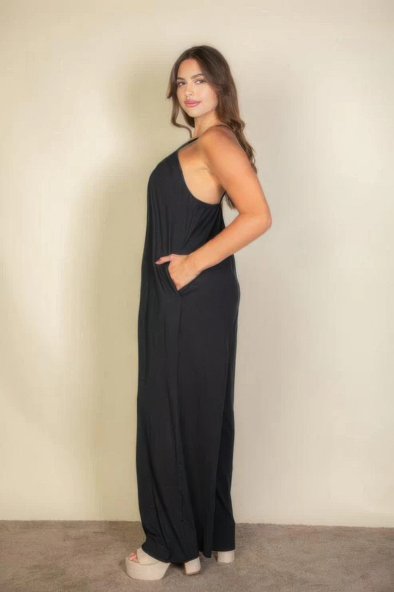 Plus spaghetti strap solid wide jumpsuit jehouze