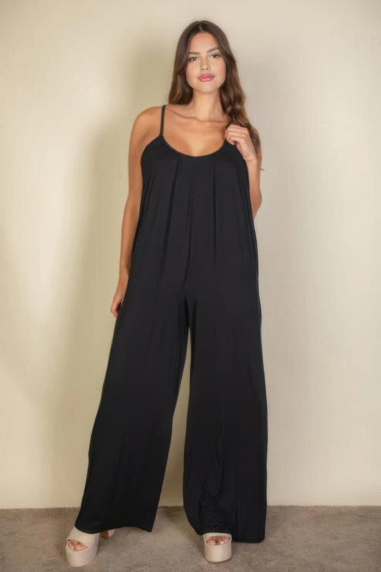 Plus spaghetti strap solid wide jumpsuit jehouze Black 1XL