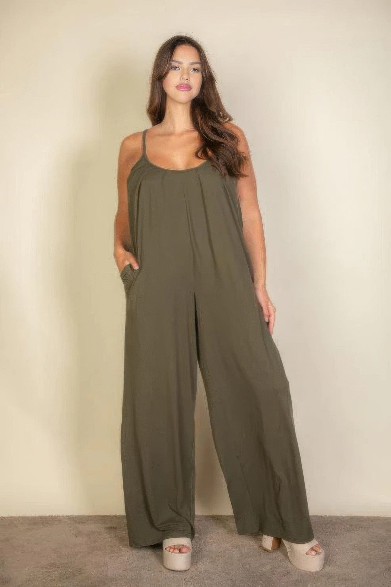 Plus spaghetti strap solid wide jumpsuit jehouze Olive 1XL