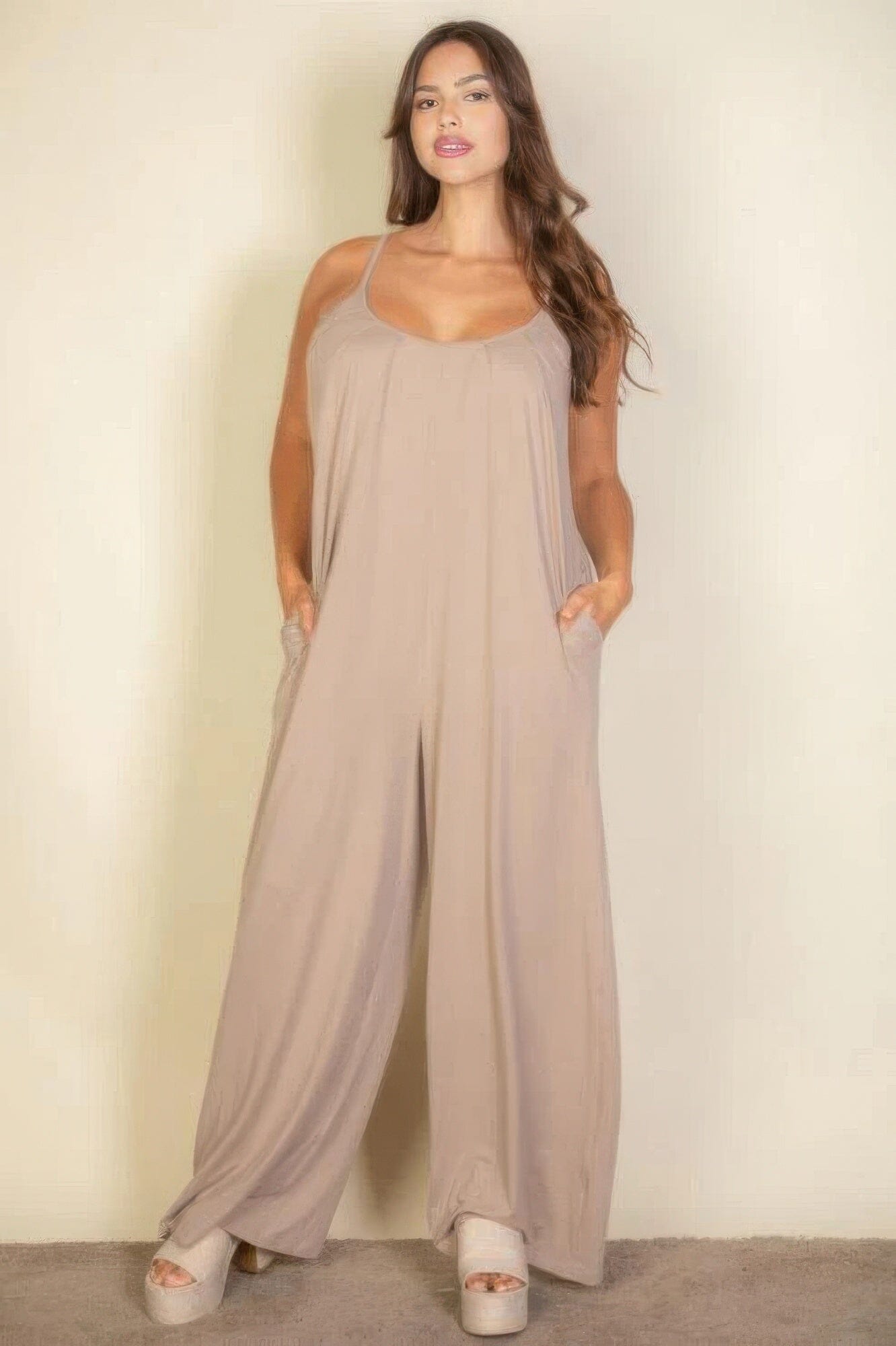 Plus spaghetti strap solid wide jumpsuit jehouze Taupe 1XL