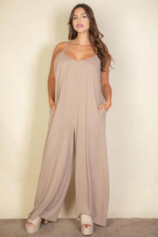 Plus spaghetti strap solid wide jumpsuit jehouze Taupe 1XL