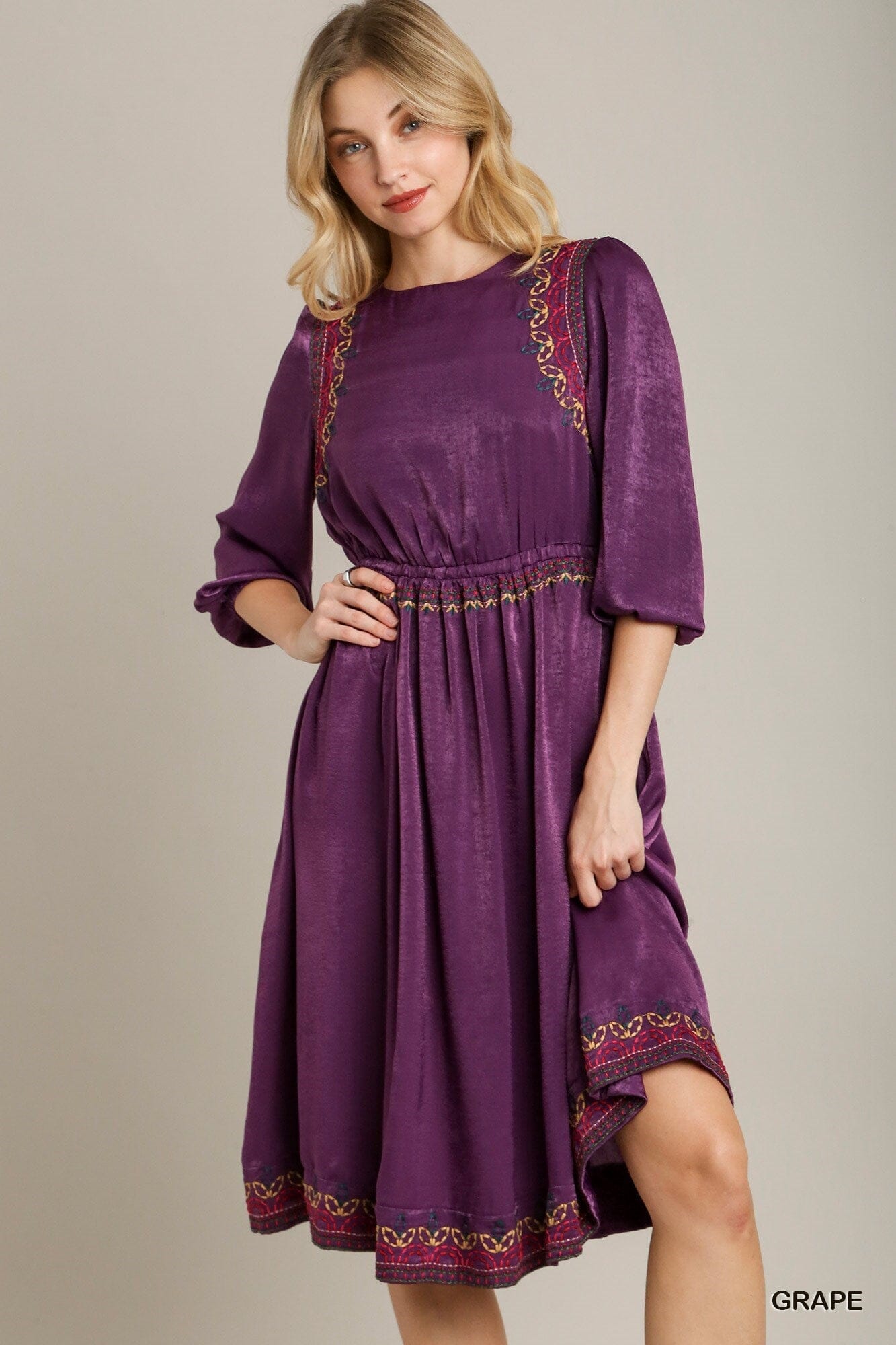 Purple Satin Round Neck Short Balloon Sleeve Embroidery Midi Dress Dresses jehouze