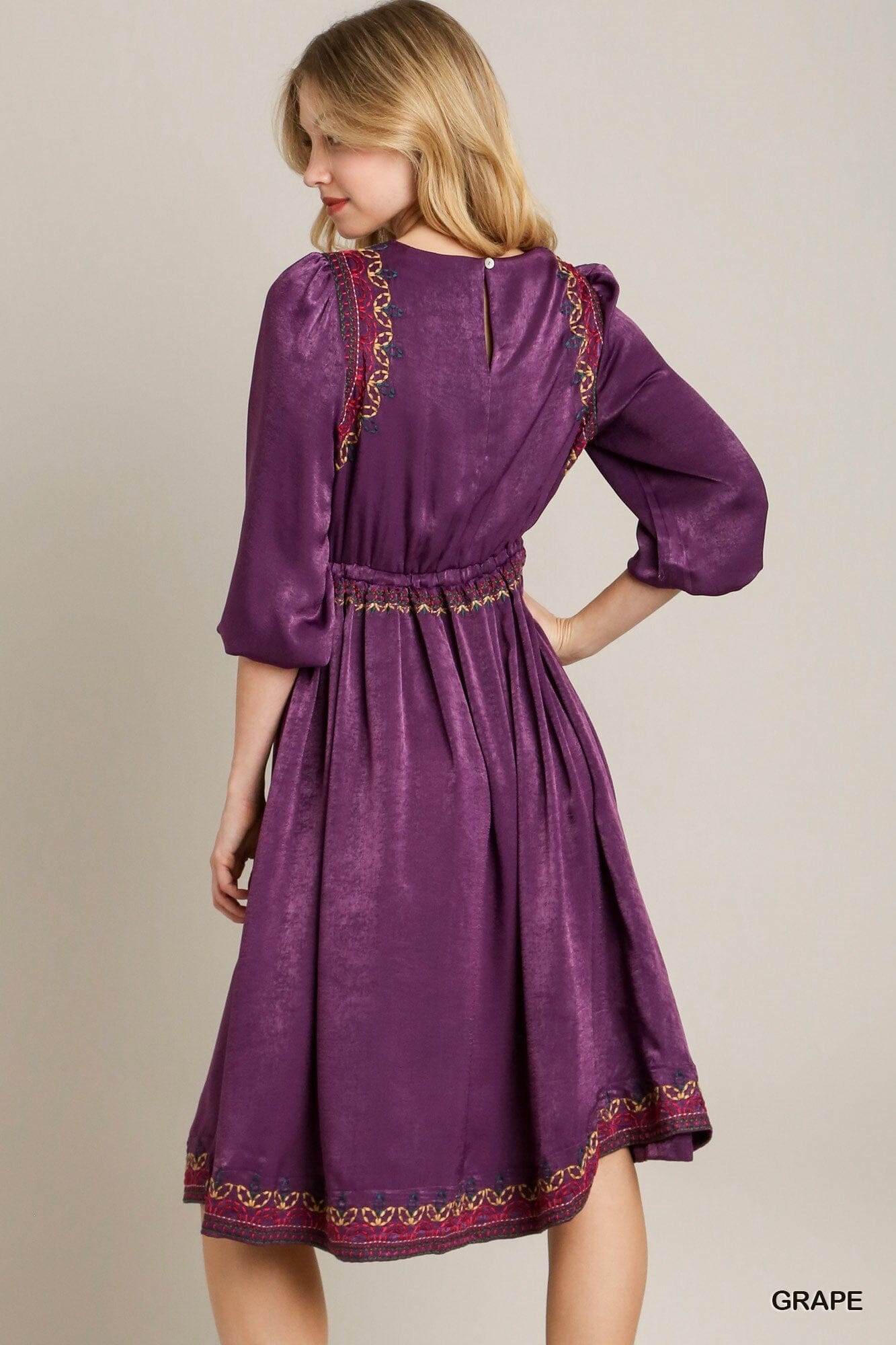Purple Satin Round Neck Short Balloon Sleeve Embroidery Midi Dress Dresses jehouze