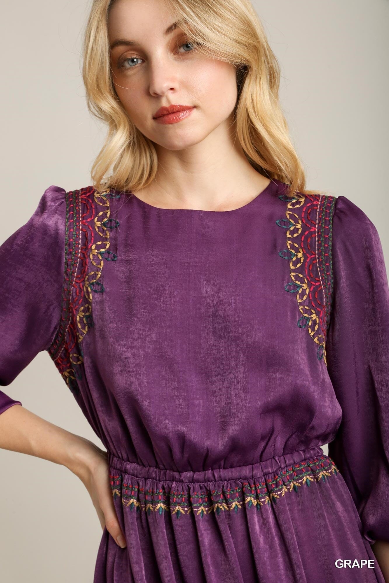 Purple Satin Round Neck Short Balloon Sleeve Embroidery Midi Dress Dresses jehouze