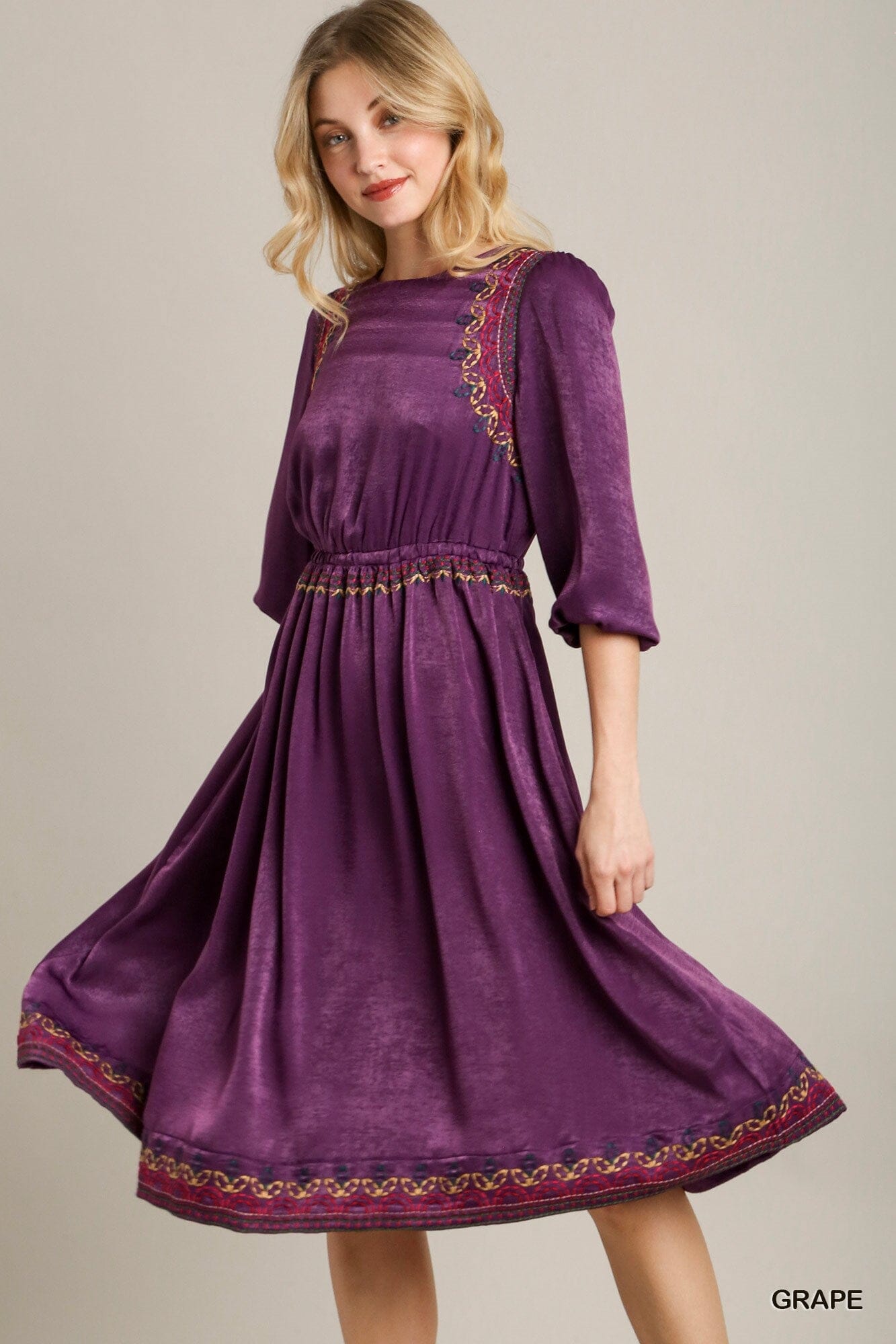 Purple Satin Round Neck Short Balloon Sleeve Embroidery Midi Dress Dresses jehouze