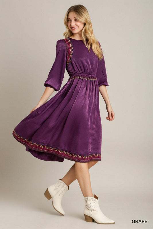 Purple Satin Round Neck Short Balloon Sleeve Embroidery Midi Dress Dresses jehouze S