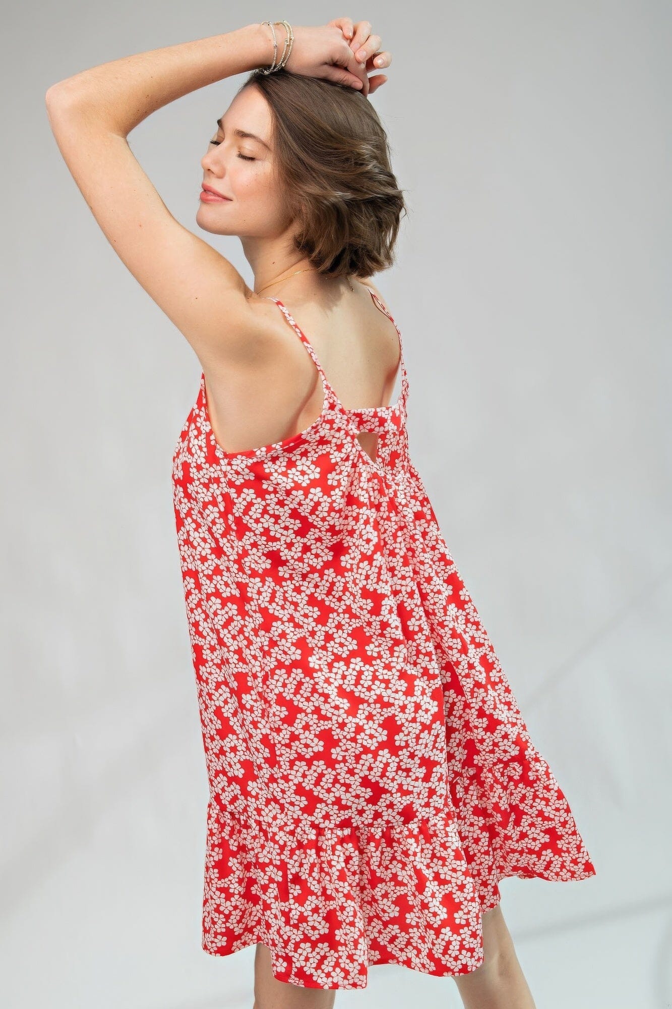 Red Floral Wool Peach Scoop Neck Ruffle Bottom Spaghetti Straps Cami Dress Dresses jehouze