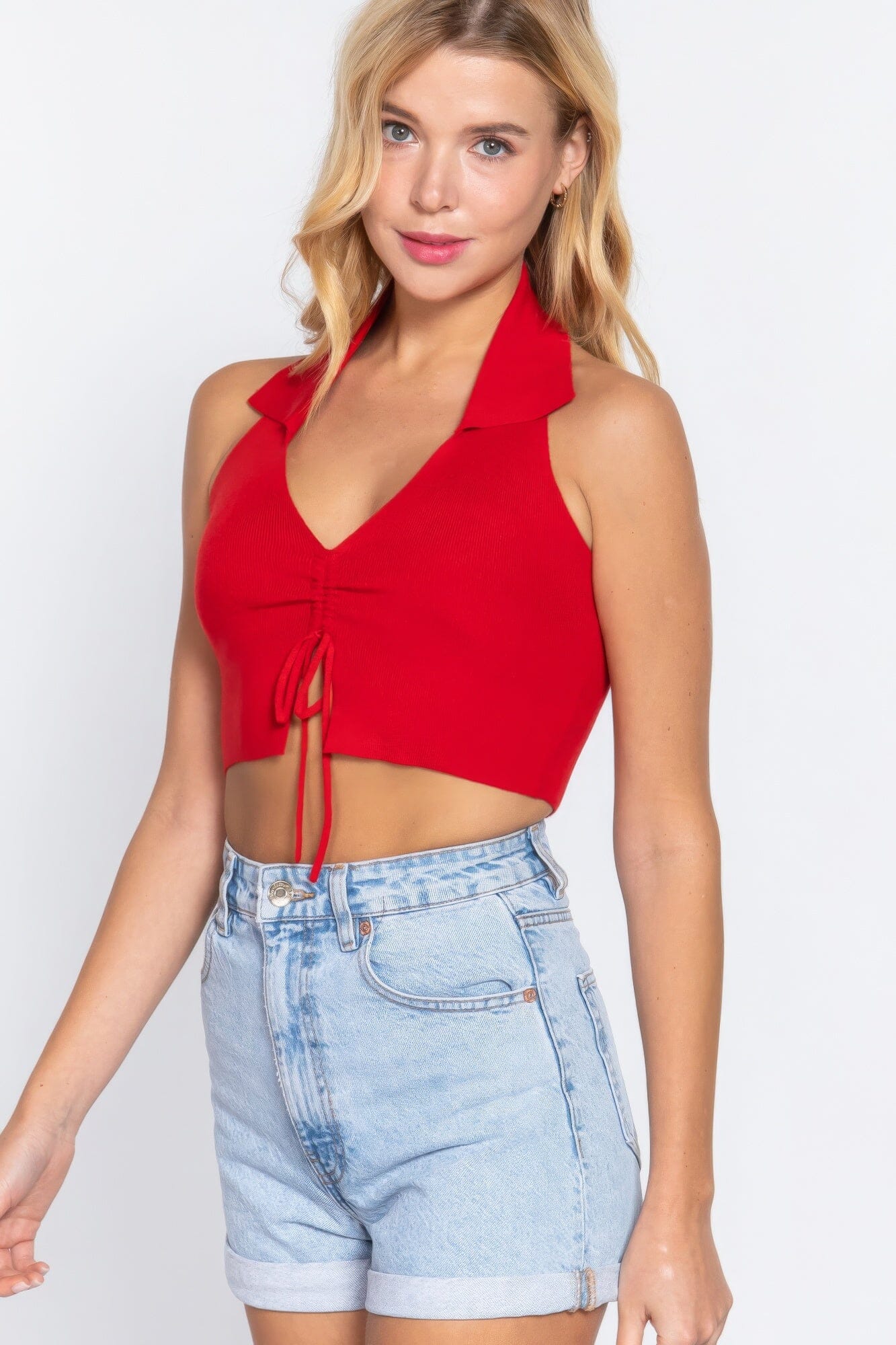 Red Glow Halter Ruched Crop Sweater Knit Top Shirts & Tops jehouze