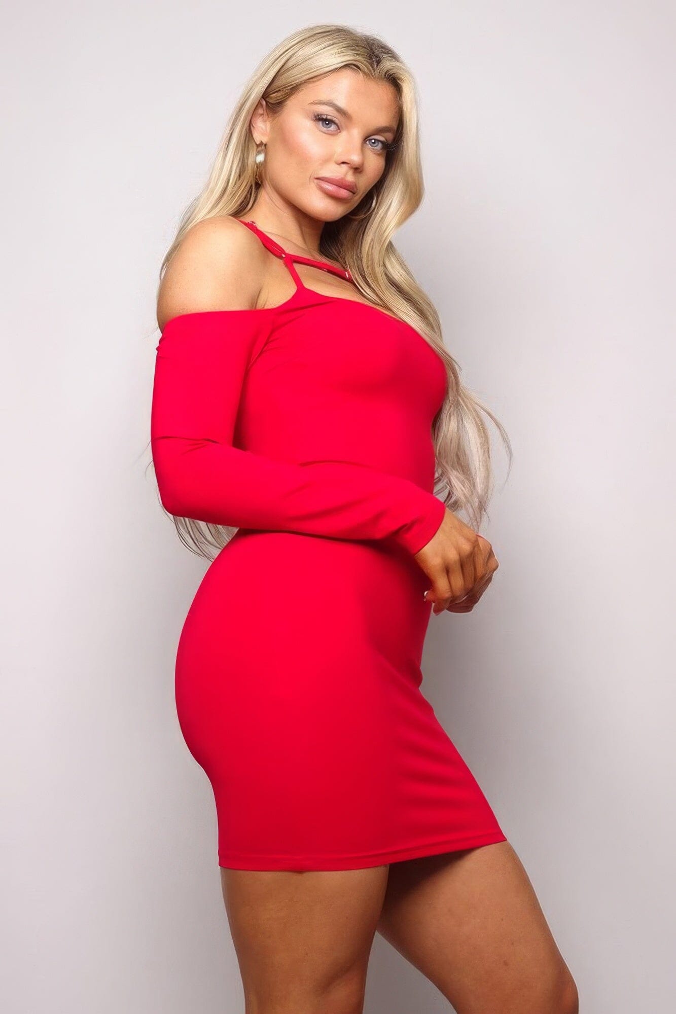 Red Long Sleeve Cuff Front Strap Mini Dress Dresses jehouze