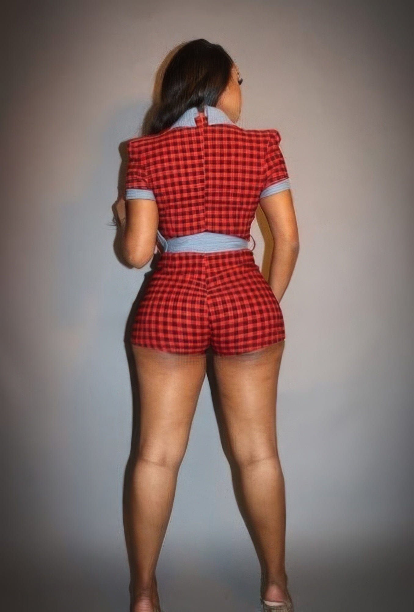 Red Plaid Print Denim Belted Front Button Up Romper Jumpsuits & Rompers jehouze