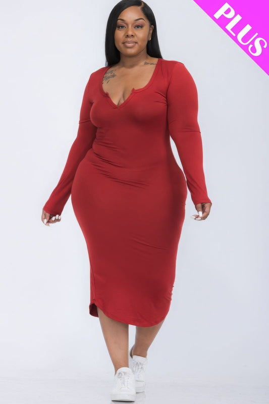 Red Plus Size Split Neck Long Sleeve Bodycon Midi Dress Dresses jehouze 1XL 
