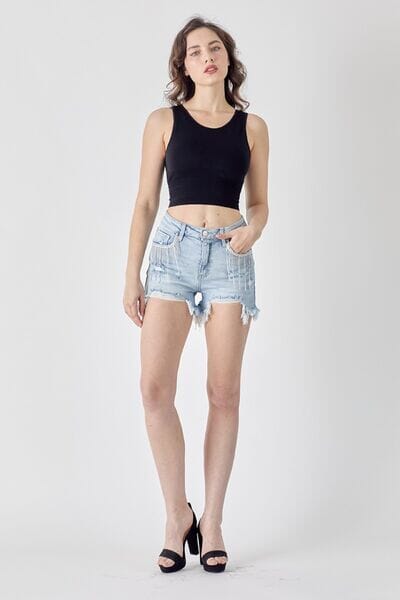 RISEN Light Blue Frayed Hem Denim Shorts with Fringe Detail Pockets Shorts jehouze