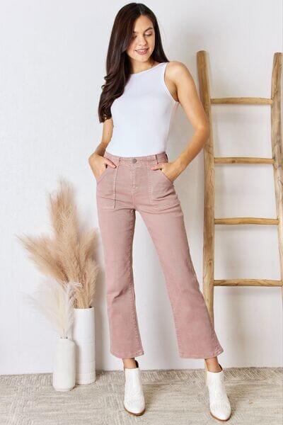 RISEN Coral Orange Pink High Waist Side Slit Raw Hem Flare Jeans
