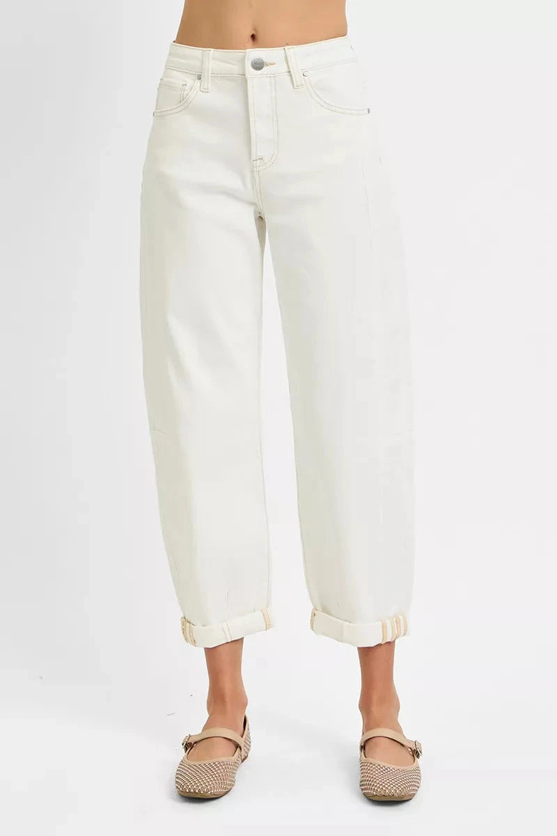 RISEN Plus Size High Rise Barrel Cropped Jeans Pants jehouze