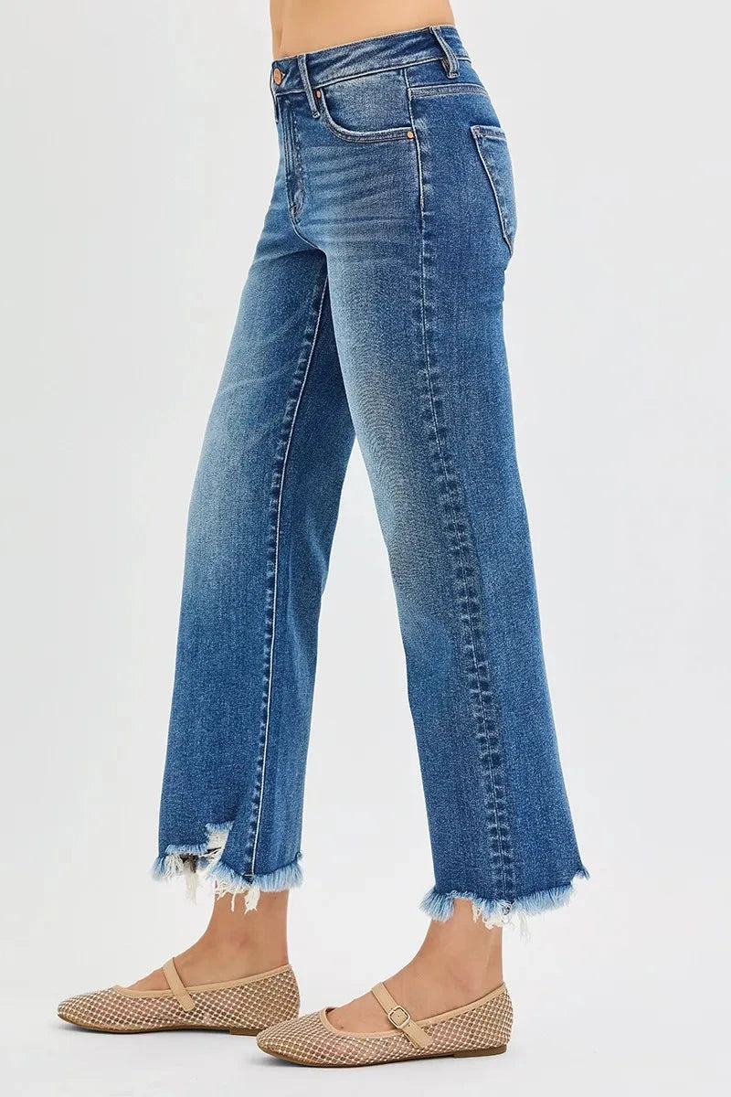 RISEN Plus Size Mid Rise Crop Straight Jeans Pants jehouze