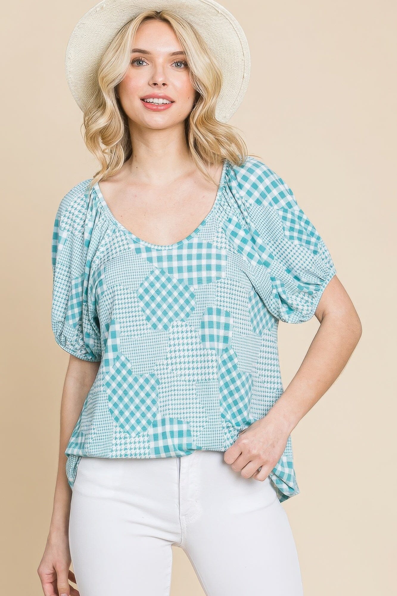 Sage Blue Check Plaid Short Bubble Sleeves Round Neck Top Shirts & Tops jehouze