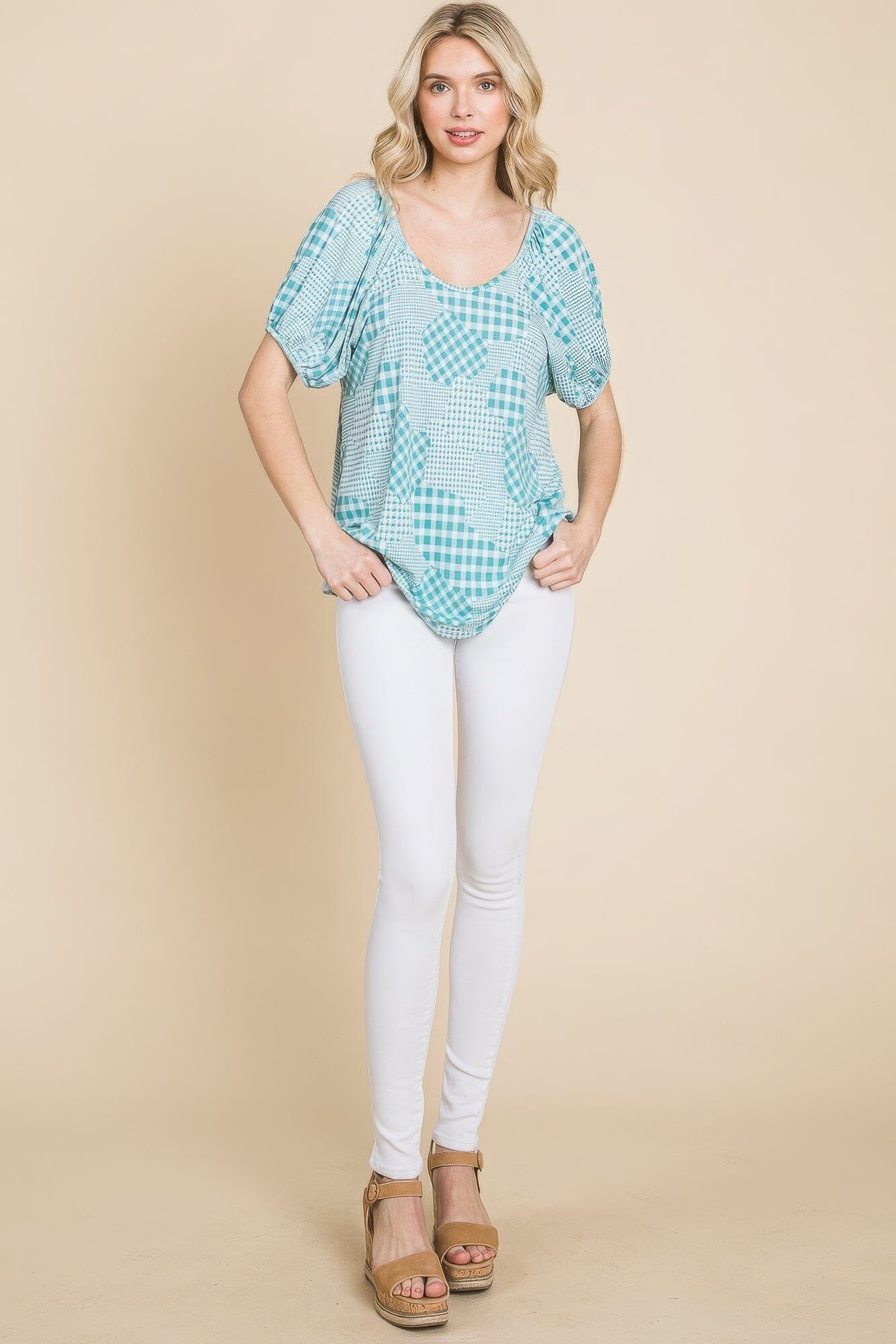 Sage Blue Check Plaid Short Bubble Sleeves Round Neck Top Shirts & Tops jehouze S