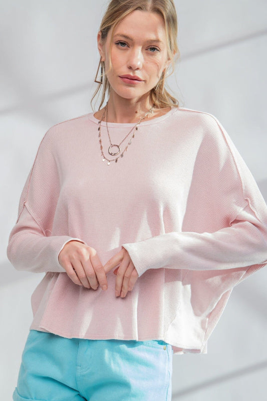 Soft Pink Crew Neck Loose Fit Dolman Sleeves Washed Thermal Top Shirts & Tops jehouze S 