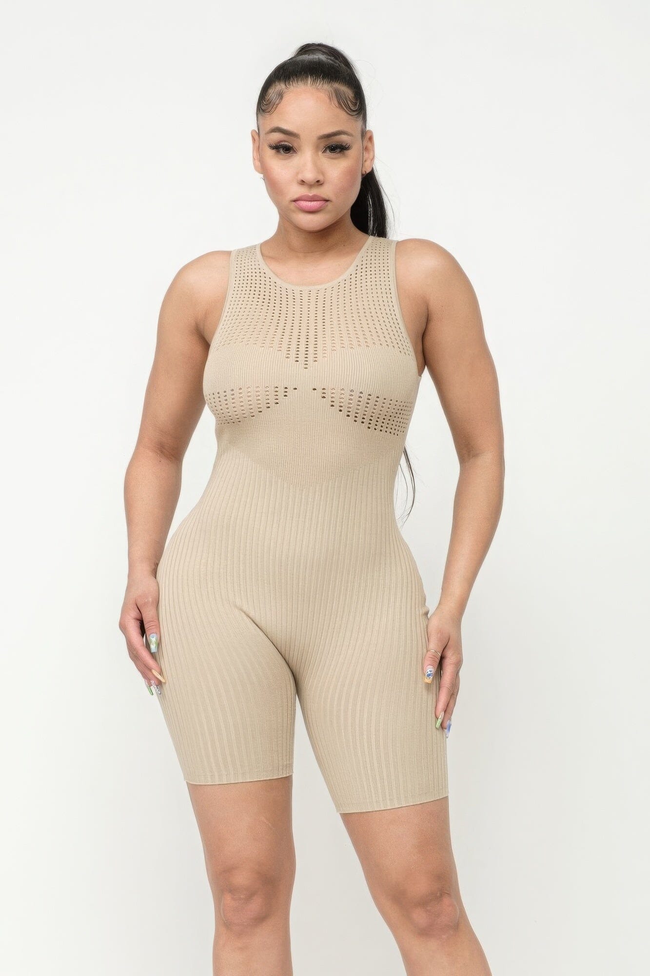 Stone Beige Poinetlle Stitch Romper Jumpsuits & Rompers jehouze