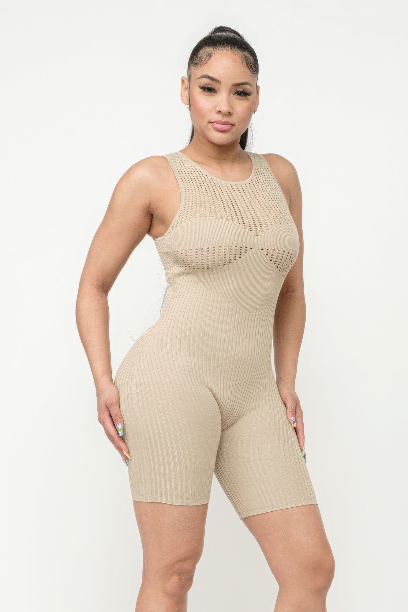 Stone Beige Poinetlle Stitch Romper Jumpsuits & Rompers jehouze