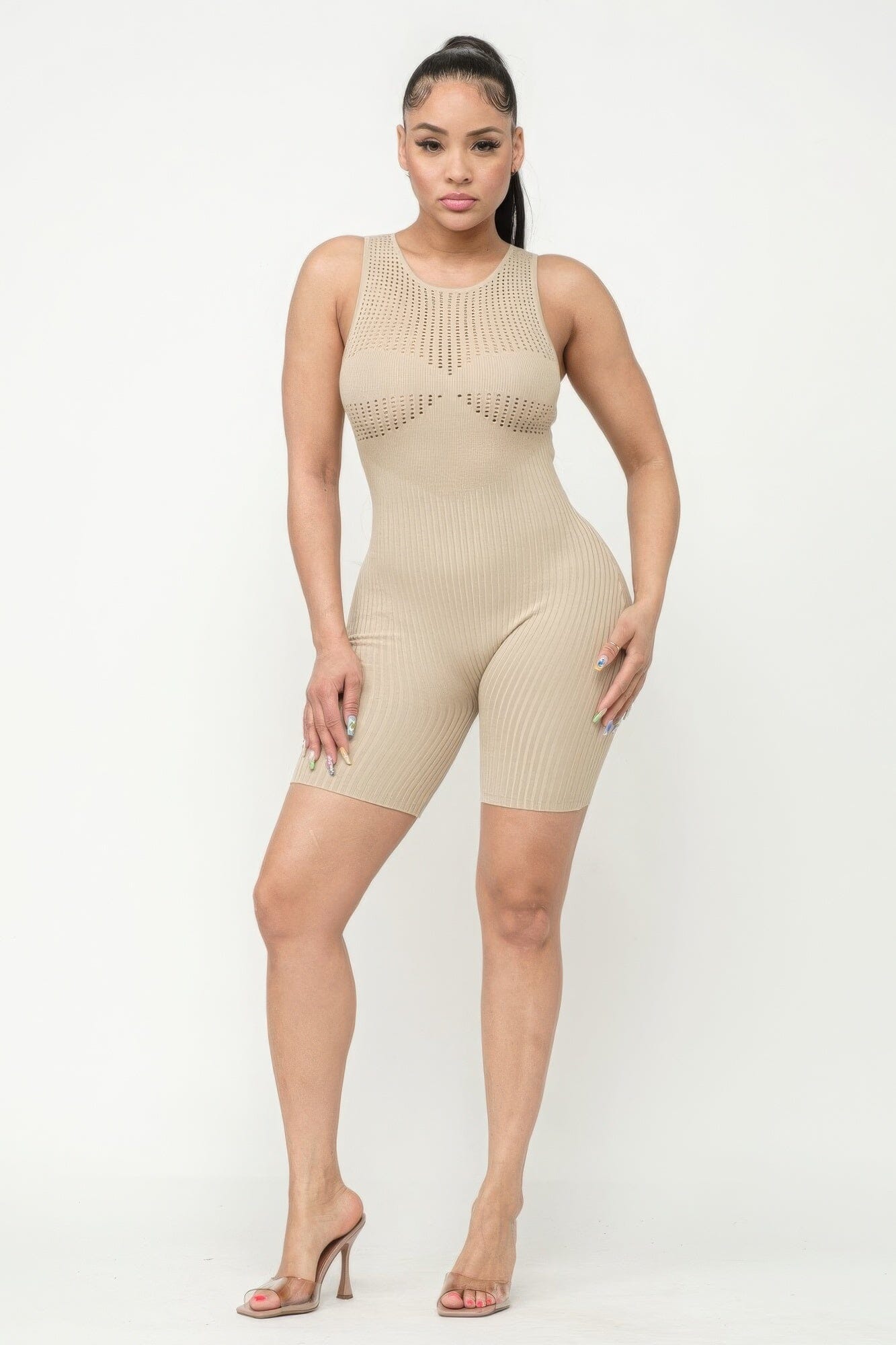Stone Beige Poinetlle Stitch Romper Jumpsuits & Rompers jehouze S