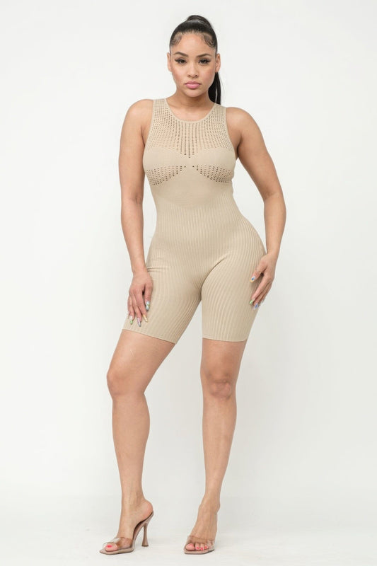 Stone Beige Poinetlle Stitch Romper Jumpsuits & Rompers jehouze S