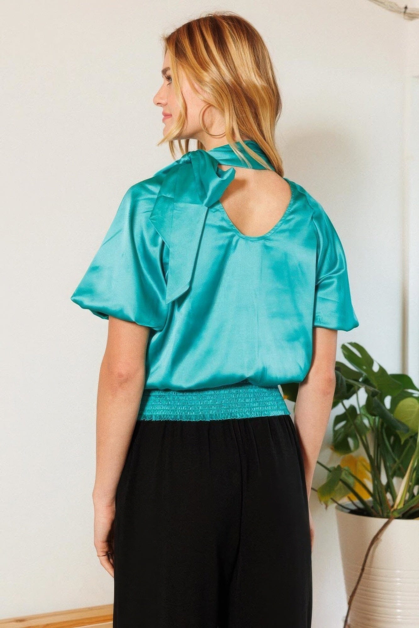 Turquoise Waist Smocked Mock Neck Short Puff Sleeves Satin Blouse Shirts & Tops jehouze