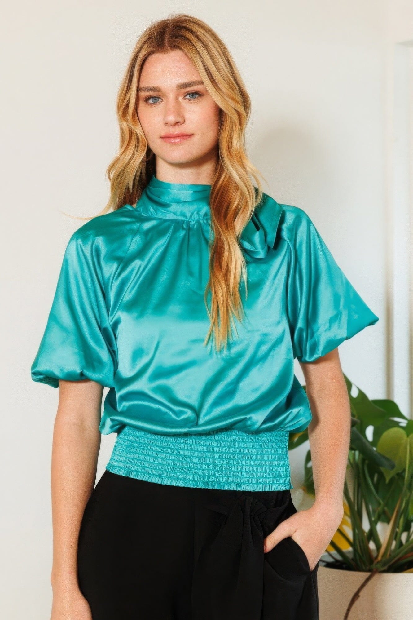 Turquoise Waist Smocked Mock Neck Short Puff Sleeves Satin Blouse Shirts & Tops jehouze
