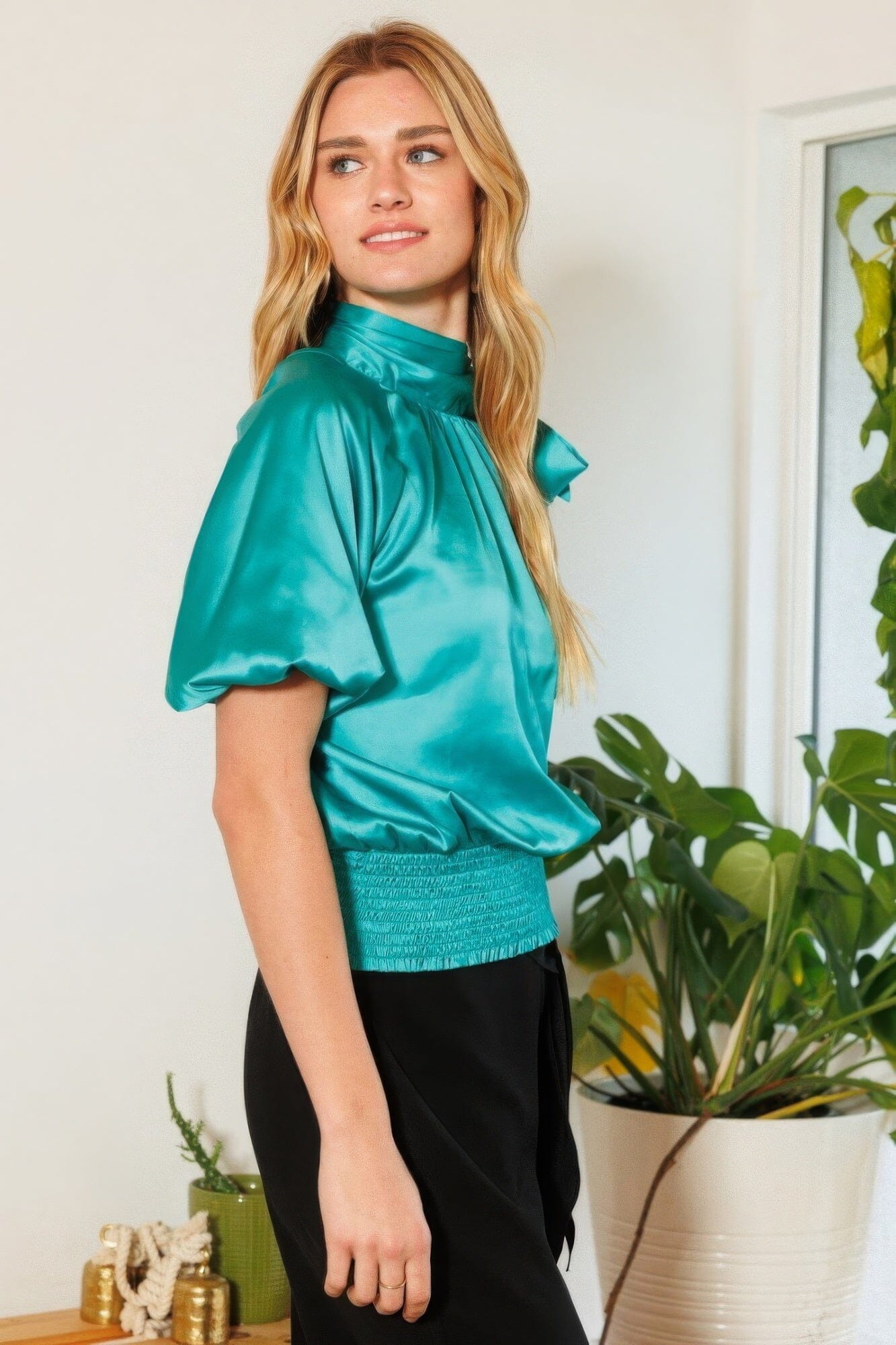 Turquoise Waist Smocked Mock Neck Short Puff Sleeves Satin Blouse Shirts & Tops jehouze