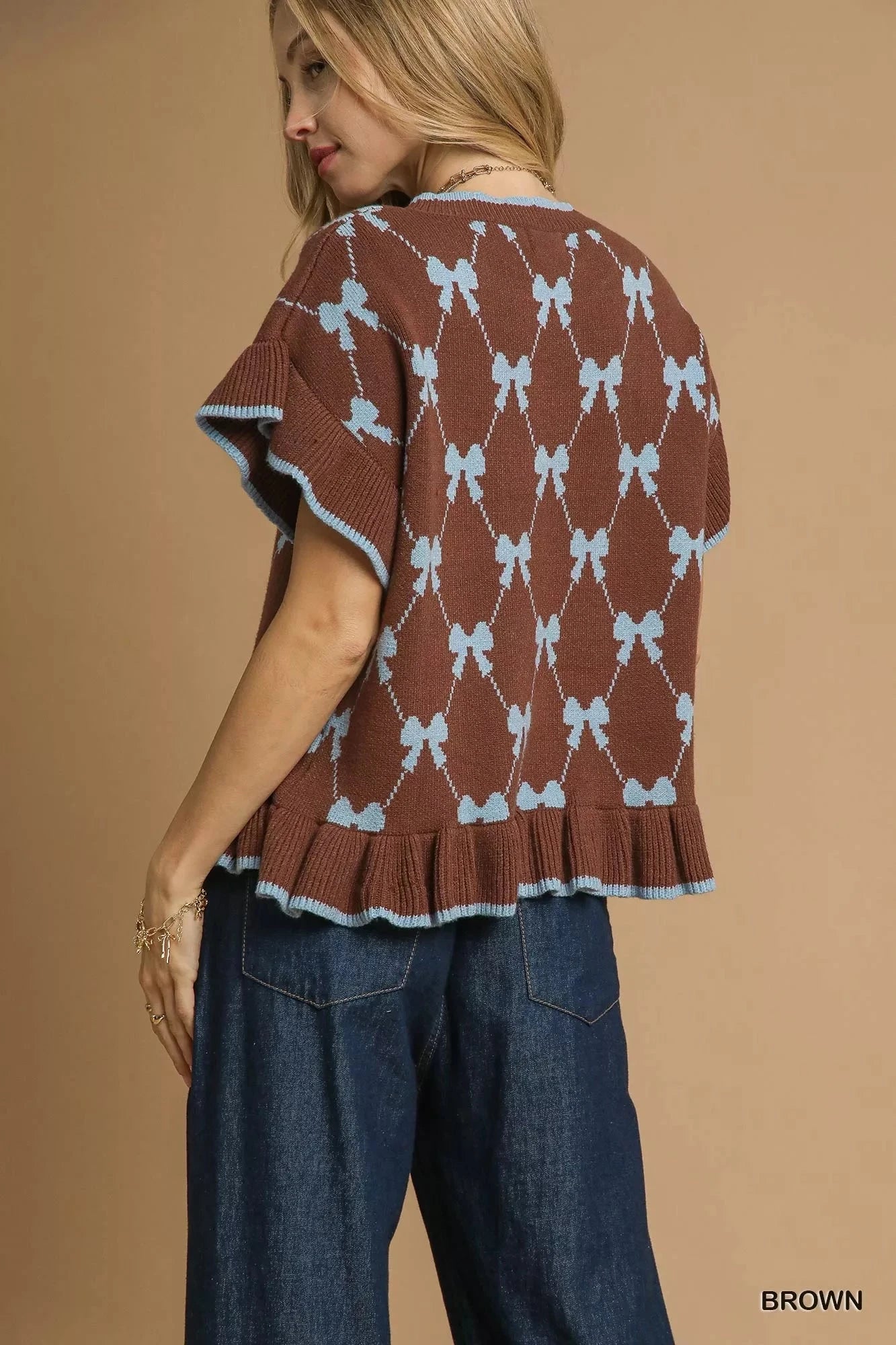 Umgee Bow Knit Ruffle Sleeve Sweater Shirts & Tops jehouze