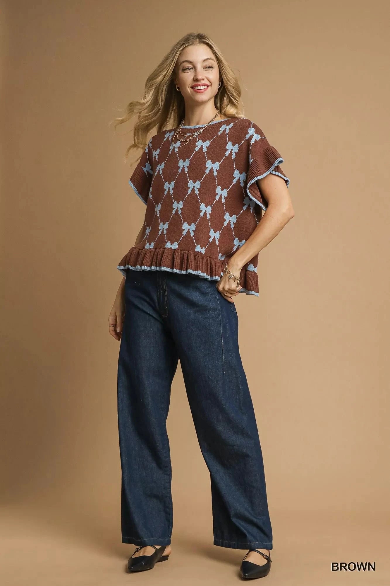Umgee Bow Knit Ruffle Sleeve Sweater Shirts & Tops jehouze Brown S