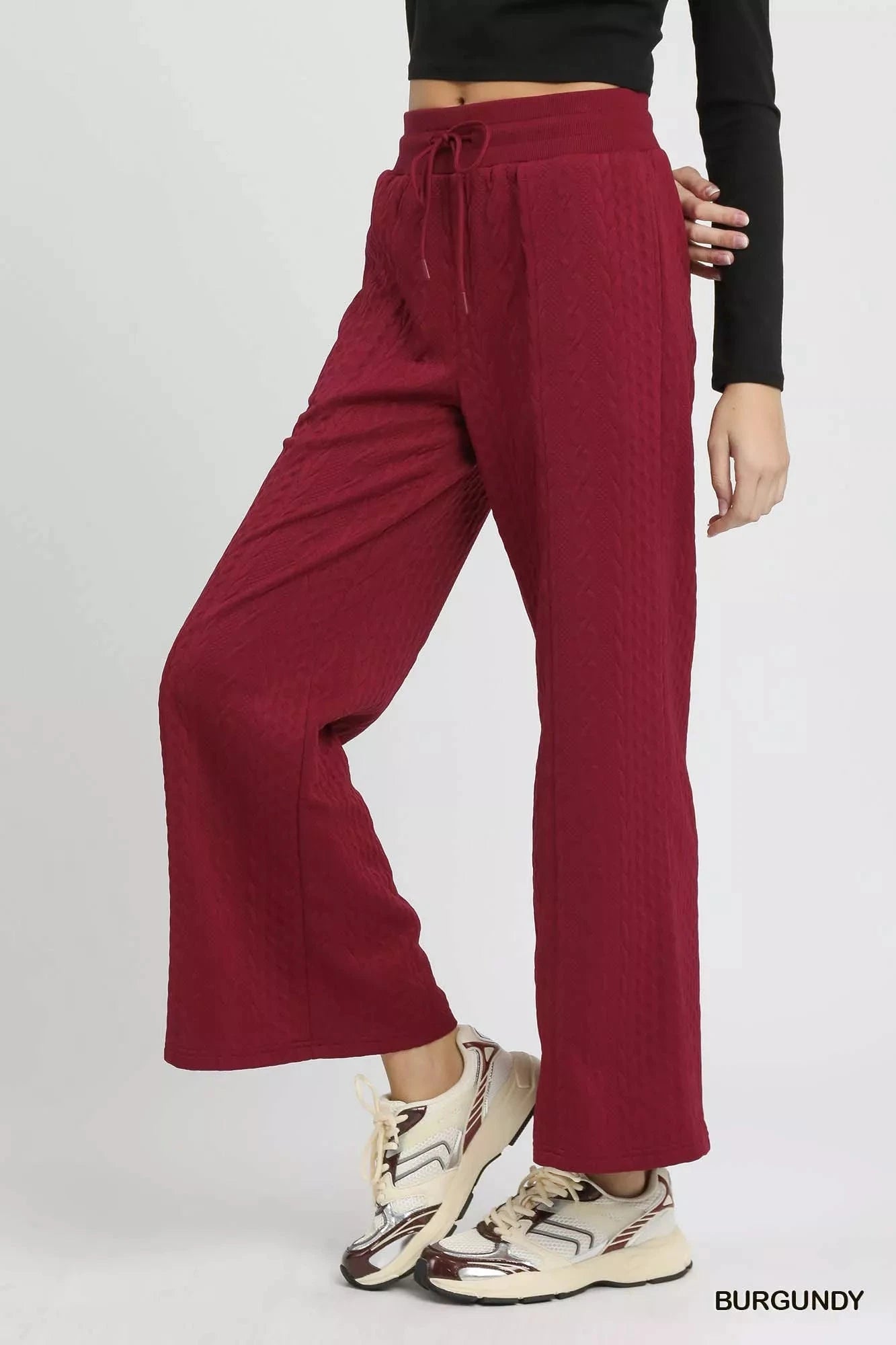 Umgee Burgundy Cable Knit Textured Wide Leg Pants Pants jehouze