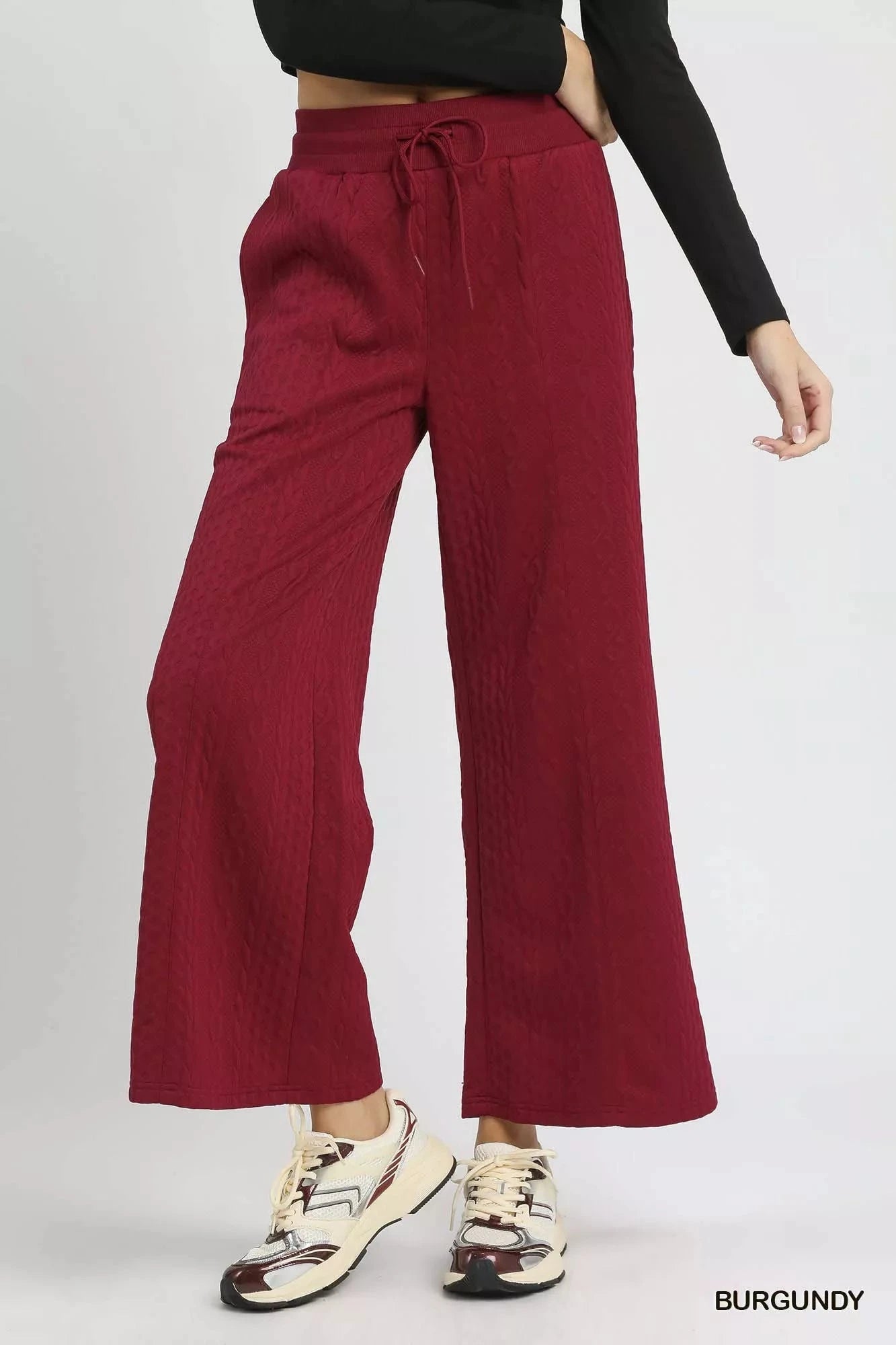 Umgee Burgundy Cable Knit Textured Wide Leg Pants Pants jehouze