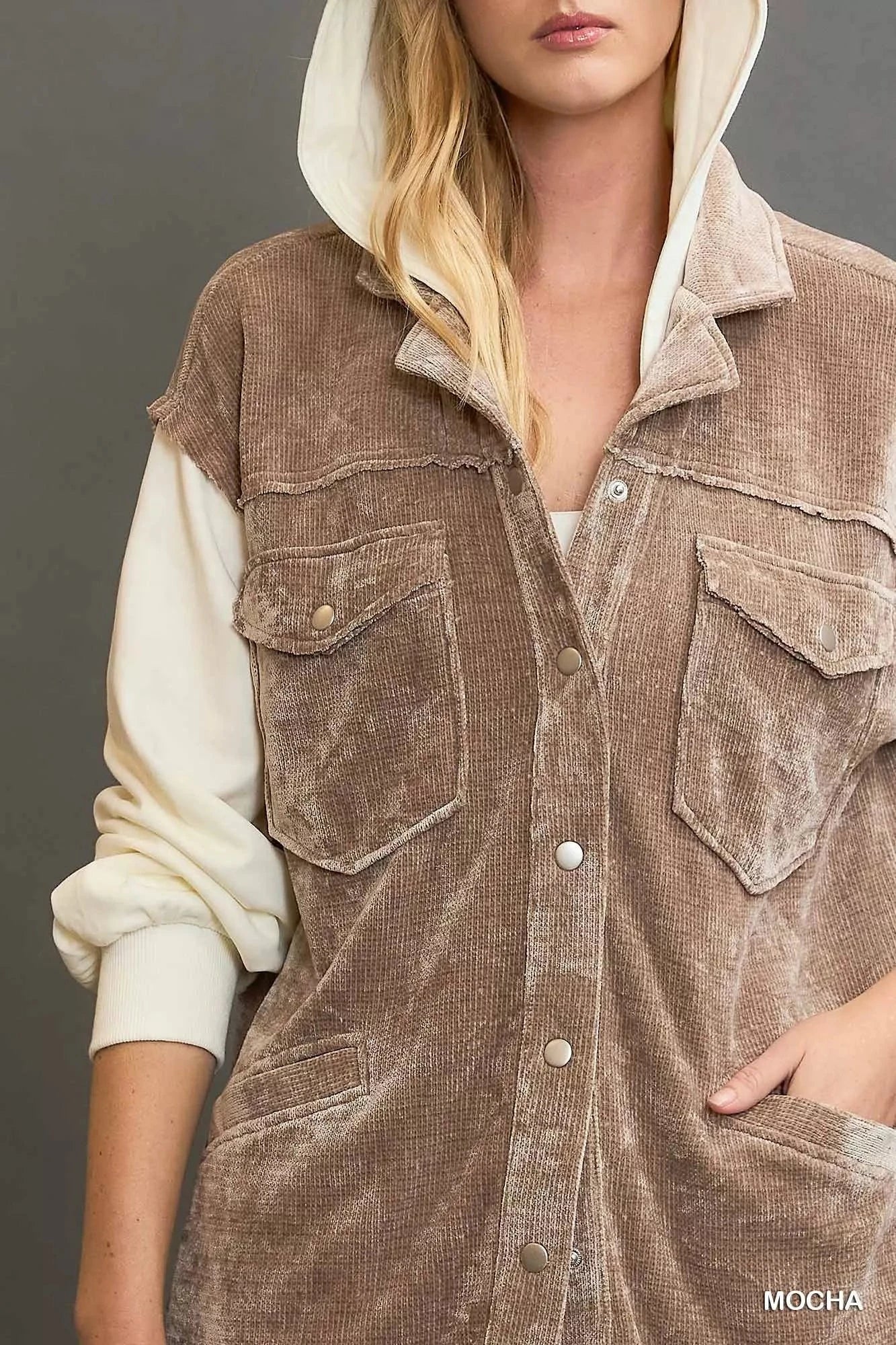 Umgee Contrast Hooded Chenille Jacket Coats & Jackets jehouze