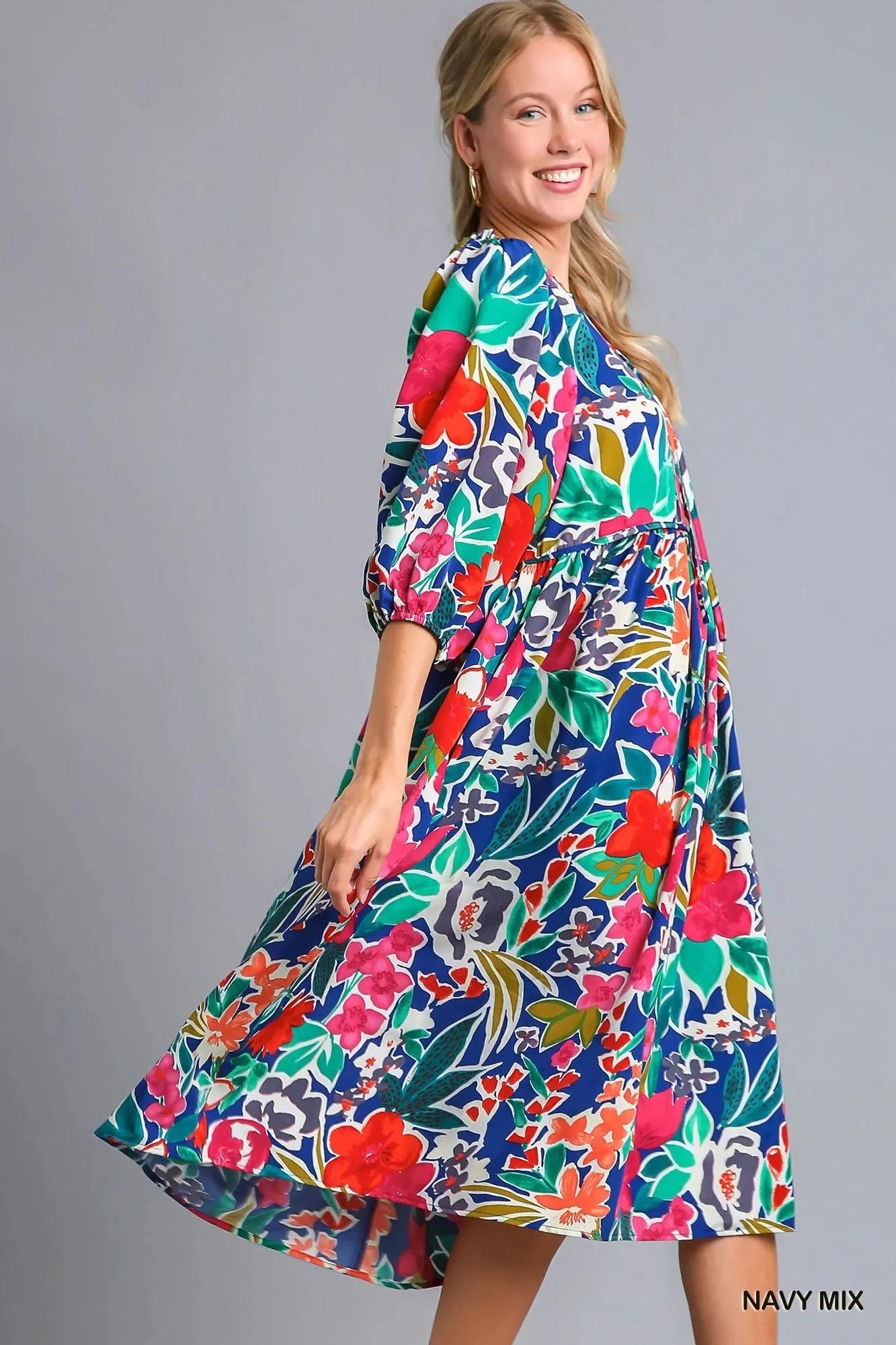 Umgee Floral Print Tie Neck Midi Dress with Pockets Dresses jehouze