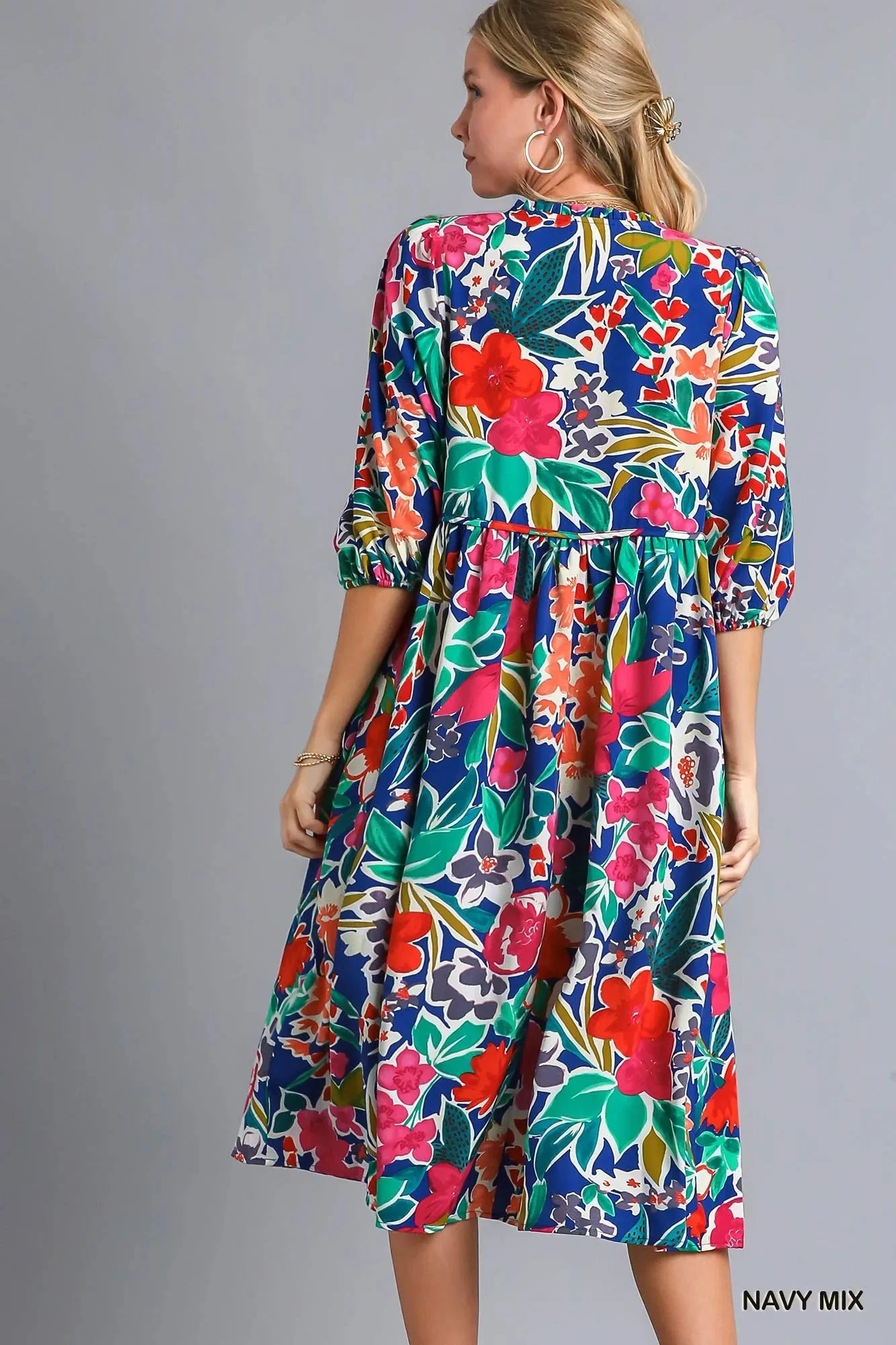 Umgee Floral Print Tie Neck Midi Dress with Pockets Dresses jehouze