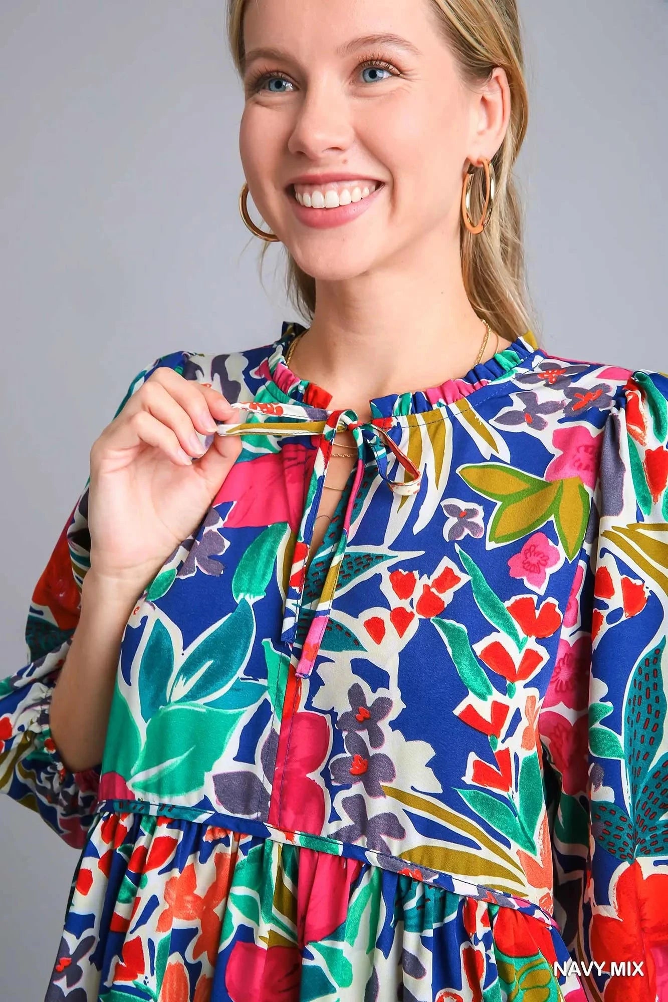 Umgee Floral Print Tie Neck Midi Dress with Pockets Dresses jehouze