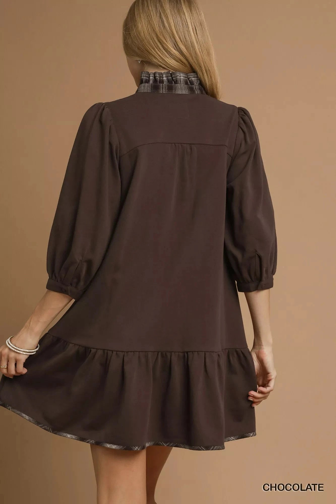 Umgee French Terry Ruffle Hem Dress with Plaid Trim Dresses jehouze