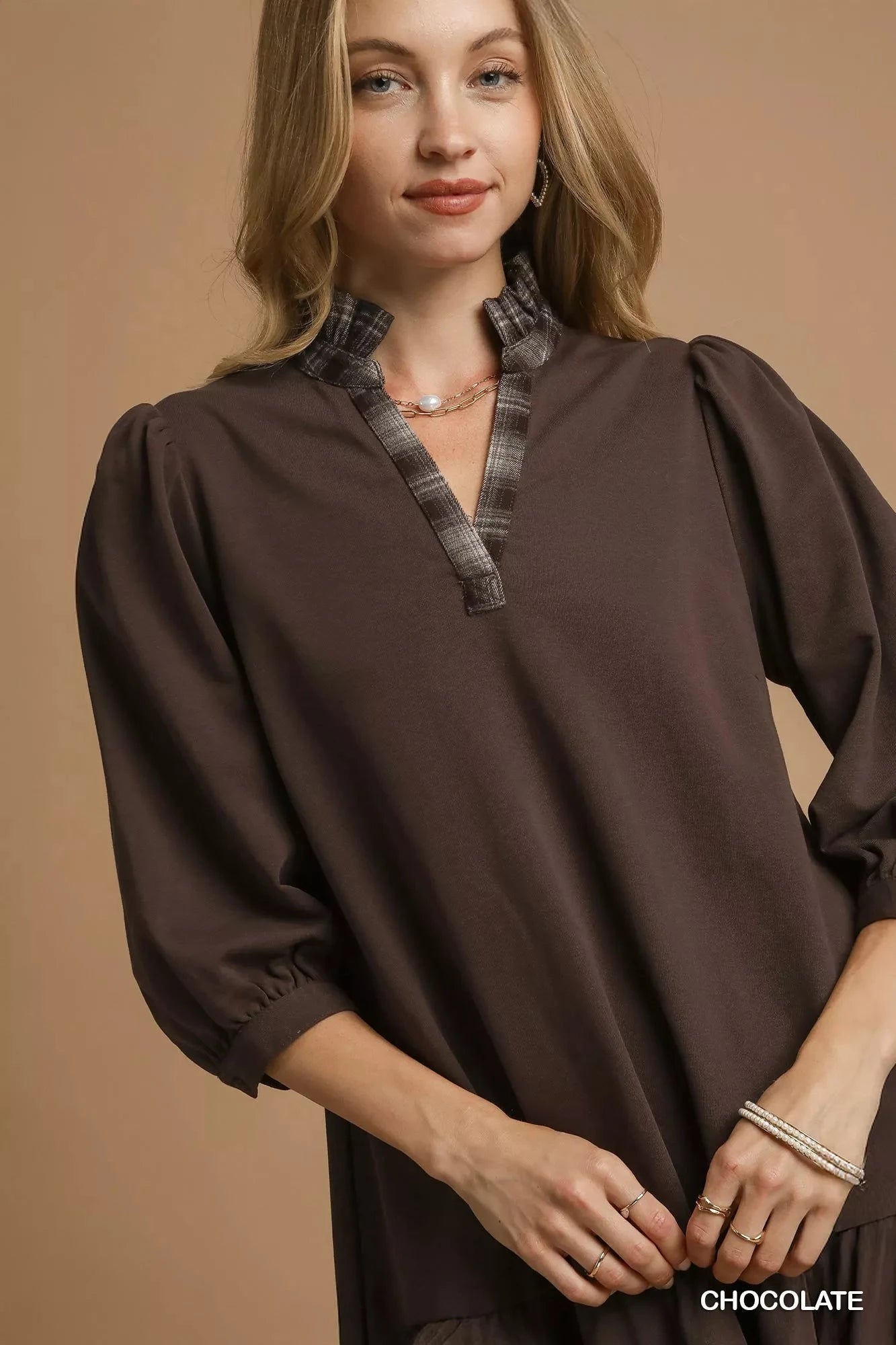 Umgee French Terry Ruffle Hem Dress with Plaid Trim Dresses jehouze