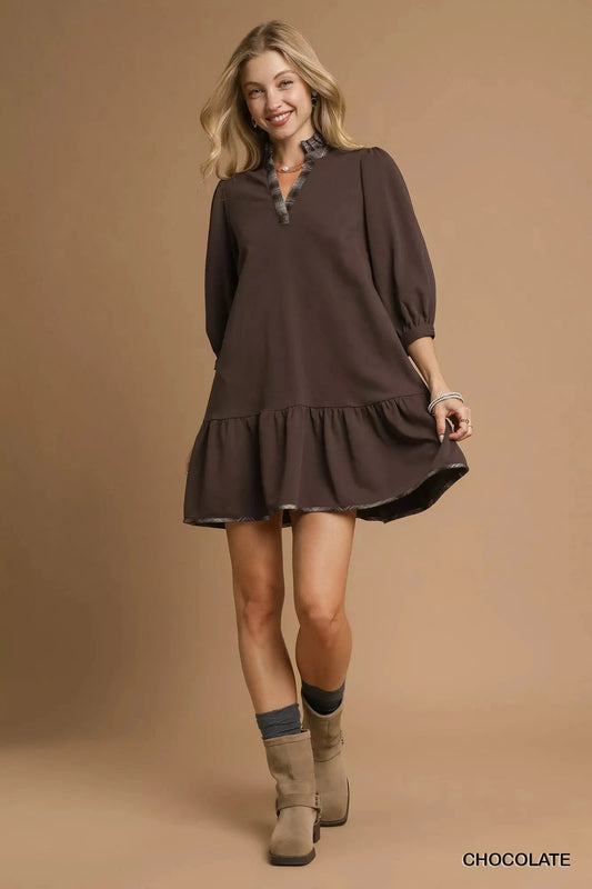 Umgee French Terry Ruffle Hem Dress with Plaid Trim Dresses jehouze