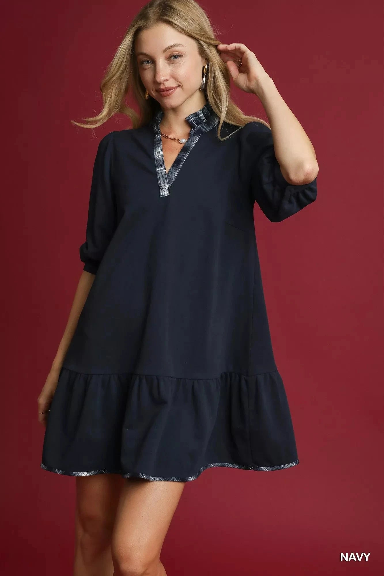 Umgee French Terry Ruffle Hem Dress with Plaid Trim Dresses jehouze Navy S
